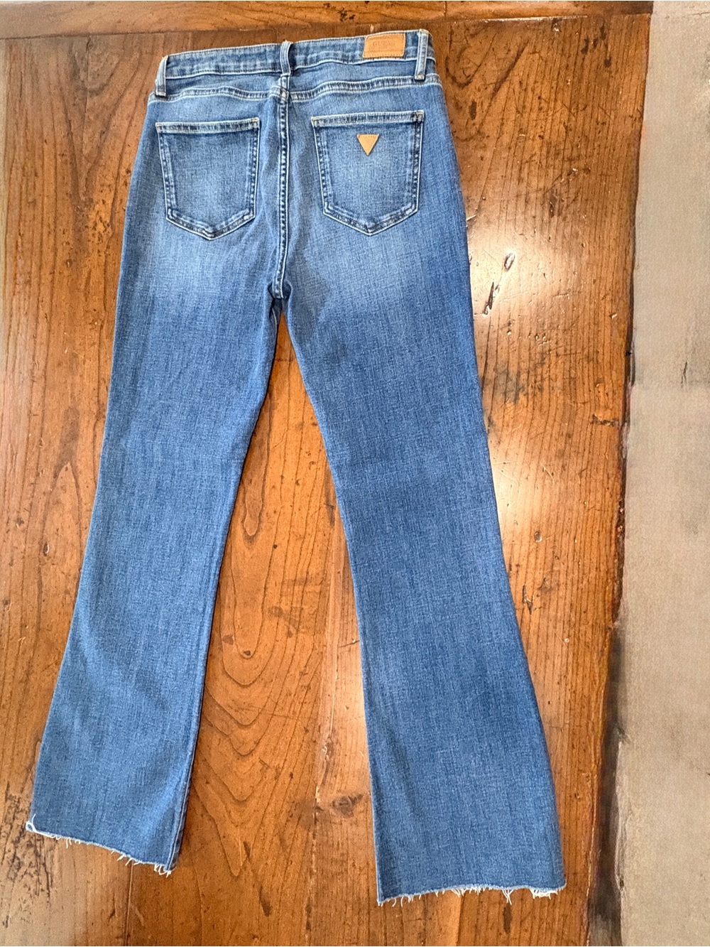 GUESS Sexy Flare High Rise Raw Hem Blue Jeans Size 28
